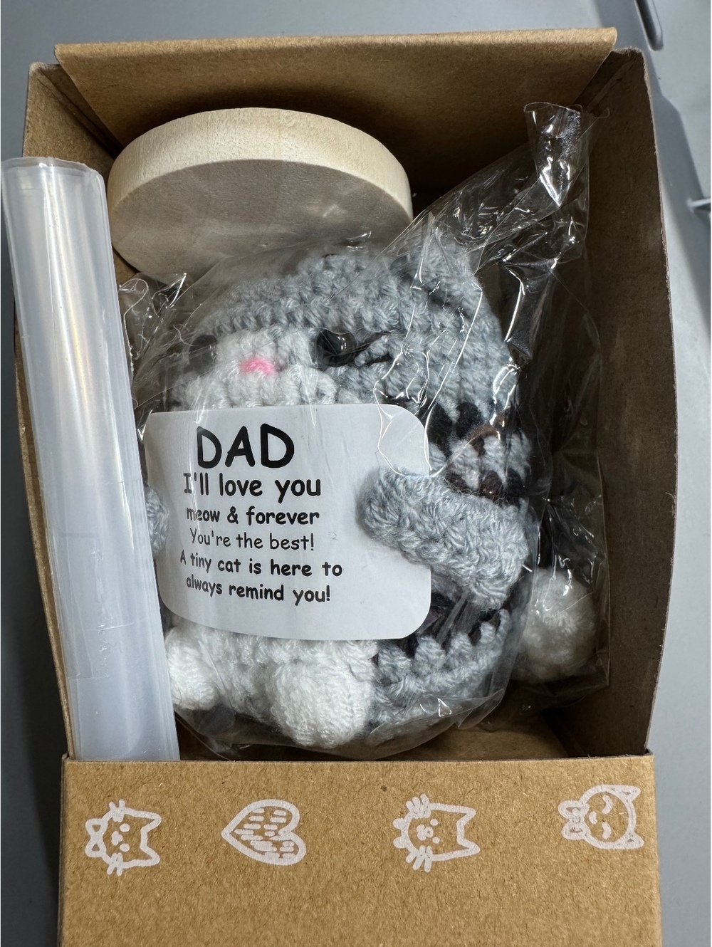 Crochet Cat Gift Box with Handmade Gray and White Cat Figurine